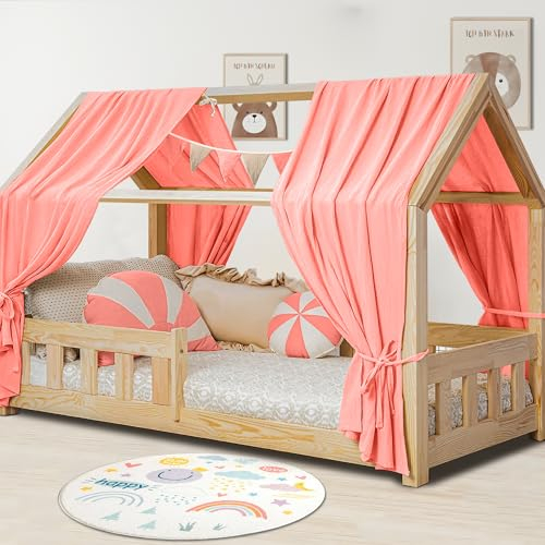 Hausbett Himmel Deko Set, Betthimmel Hausbett aus Musselin - 2 Betthimmel & 1 Wimpelkette, für Jungen Mädchen Deko für Kinderzimmer, Baldachin Kinderzimmer Deko I 67 x 320cm Rosa