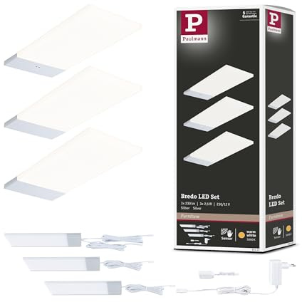 Paulmann 92121 LED sous-meubles Bredo avec capteur de proximité kit de 3 3000 K 2,5W 80x190 mm 180lm Argent luminaire en saillie pour meuble