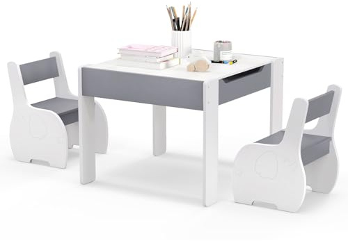COSTWAY Kids Table and Chair Set, Wooden Children Study Desk with 2 Chairs, Reversible Blackboard Tabletop & Hidden Storage, 3PCS Toddler Activity Furniture for Learning, Drawing, Dining (Gray+White)
