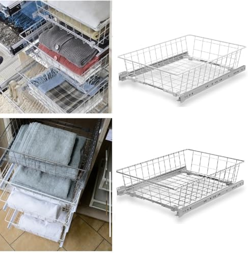 Stolmet MD Pull-Out Wire Basket Drawer with Roller Runners – Customizable Width, White or Silver, Multiple Sizes for Wardrobe & Storage Organization (White, 300D)