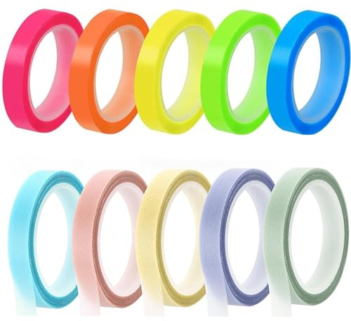 10 rullar highlight-remsor avtagbara fluorescerande färgade etiketter färgad transparent tejp transparent anteckningsobjekt överstrykningstejp för lärare elever klass kontor (0,6 cm x 5 m, 2 modeller)