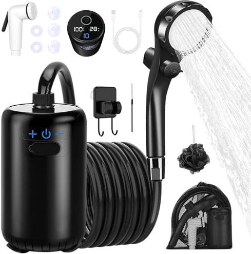 AGARELE Doccia da Campeggio, Doccia Portatile Campeggio con Batteria Ricaricabile da 8000mAh e Display a LED Intelligente, Doccia Esterna Impermeabile IPX7 per Spiaggia, Auto, Giardino, Animali