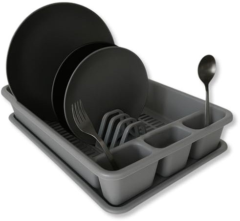 CHEFZOCO Escurreplato de plastico, Escurridor de Platos, Escurridor Fregadero de 2 módulos, con Bandeja Anti-Goteo, Organizador de vajilla, 45 cm de Ancho x 26.5 cm de Fondo x 9 cm de Altura, Gris