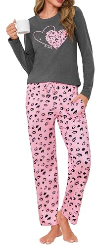 Uniexcosm Pigiama Donna Lungo, Pigiama Due Pezzi Maniche Lunghe+Pantaloni Set Pigiama Cotone Sleepwear Nightwear per Autunno Inverno TB L