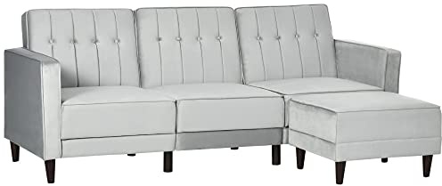 HOMCOM Divano Letto 3 Posti con Poggiapiedi e Schienale Reclinabile, Rivestimento Velluto e Seduta Imbottita, 218x85x86 cm, Grigio Chiaro