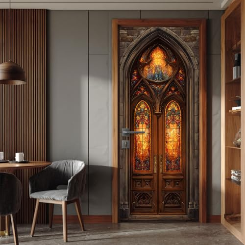 Door Sticker 30.31x78.74 Inch Stained Glass Style Arch Door Panel Warm Light Pattern Entryway Bedroom Living Room Interior Art
