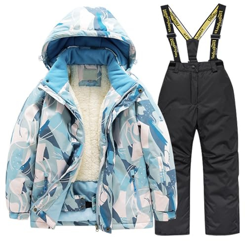 Generisch Combinaison de ski d'hiver doublée pour enfants - Veste et pantalon - Ensemble pour garçons et filles - Combinaison de neige chaude - Protection contre les intempéries, Noir , 10- 12 ans