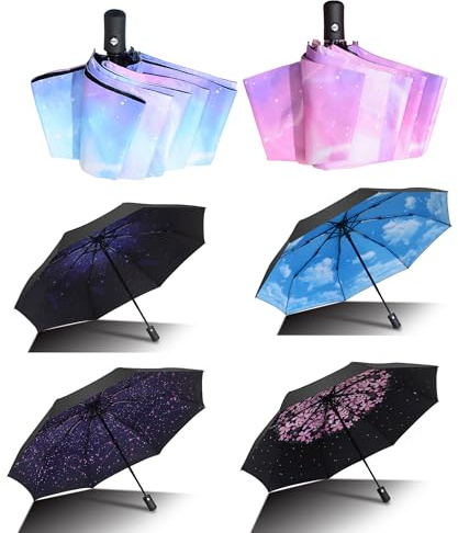 LAZYTAIL 6 PCS Windproof Travel Umbrella - Ultimate All-Weather Companion | Compact Auto Folding Design| Lightweight & Portable for Daily Commute & Travel(Black) (A-Colorful)
