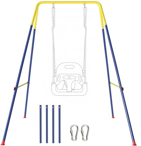 AIYAPLAY Estructura de Columpio Infantil Plegable Estructura Metálica para 1 Columpio (NO Incluye) con 2 Ganchos 4 Estacas Resistente para 50 kg Forma A para Interior y Exterior 128x155x157 cm Azul