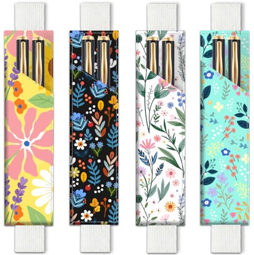 PRESSINART 4 pièces 4 Styles Porte Stylo à Bande Élastique pour Carnet Floral 7.9 x 1.8 Pouces Trousse à Crayons en Cuir avec Bandoulière Ajustable et Motif de Fleurs Sauvages pour Journal Bible