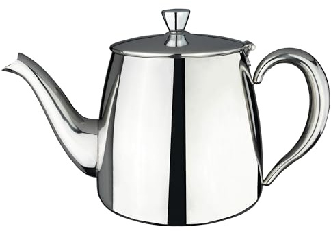 Café Olé PT-048 Premium Tea Pot, 18/10 Stainless Steel, Mirror Polished, 48oz, Stay Cool Hollow Handles, Perfect Pour Spout, Silver