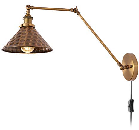 Industrial Vintage Wandleuchte mit Stecker Verstellbar Metall Langer Arm Innen Wandlampe Messingfarbigen, 1,8 m Kabel mit Schalter, E27 Wand-Leselampen Nachttischlampe, für Schlafzimmer Wohnzimmer