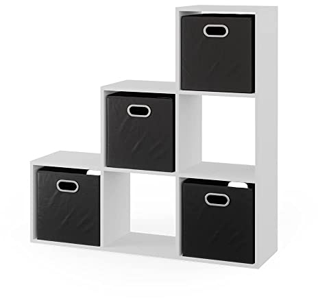 Vicco Treppenregal, stehendes Bücherregal, Weiß, 105 x 107.5 cm mit Faltboxen Opt.3