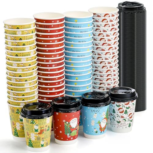 Elsjoy 80 Pack 12 Oz/350 Ml Christmas Coffee Cups with 100 Pcs Lids, 4 Styles Disposable Christmas Paper Party Cups, Party Supplies for Coffee, Tea, Hot Chocolate, Cocoa