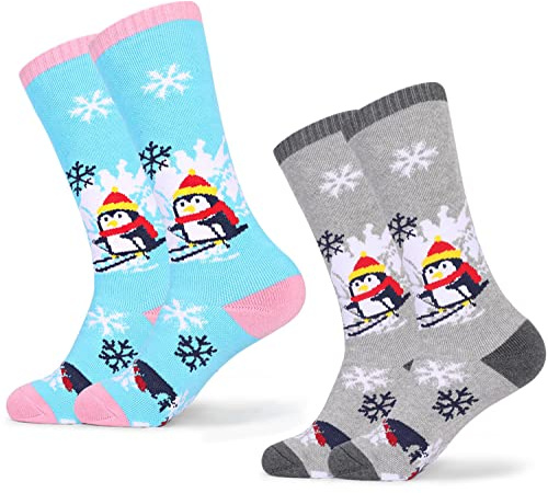 Tofern 2 Pairs Unisex Children's Ski Socks Warm Thermal Boys Girls Snow Socks Outdoor Socks Skating Hiking Winter, Grey and light blue, 26-30
