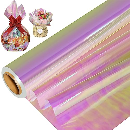 Irisierende Cellophan Folie, 86CM x 15M Regenbogen Cellophanfolie Rolle, Transparent Schillerndes Bunt Geschenkfolie Für Große Geschenke, Blumen, Feenflügel,Geschenkkörbe, Leckereien, Weihnachten