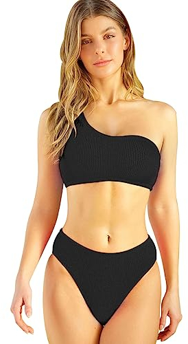 TOEECY Bikini Set Damen Eine Schulter Badeanzüge Bademode Zweiteiliger Badeanzug Push Up High Waist Sexy Schwimmanzug Swimsuit (Schwarz,M)