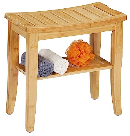 Relaxdays Badhocker Bambus, HxBxT: 45,5 x 48 x 25 cm, Traglast: 150 kg, Antirutsch-Füße, Sitzhocker mit Ablage, Natur