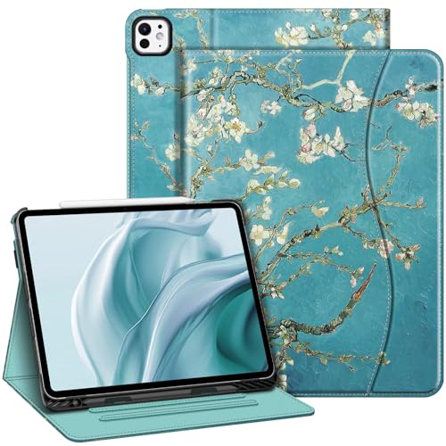 FINTIE Coque Multipositions pour iPad Pro 13 Pouces M5/M4 (2025/2024) | Housse avec Rangement de Stylet et Poche de Document, Etui Folio Veille/Réveil Automatique, Fleur Abricotier