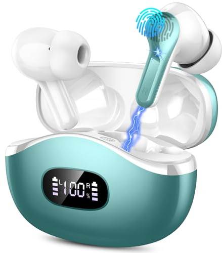 Auriculares Inalámbricos Bluetooth, Auriculares Bluetooth 5.3 HiFi Estéreo, Cascos Inalambricos con Altavoces de 14,2 mm, 40H ENC Reducción de Ruido Audifonos con 4 Mics, Pantalla LED, Green