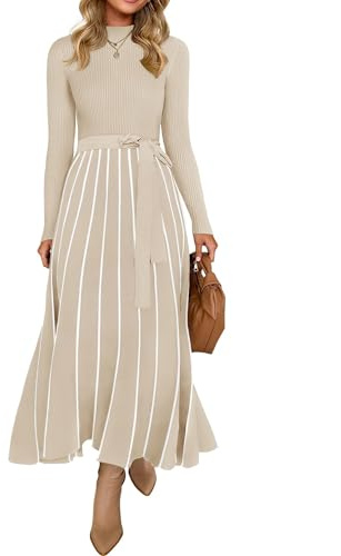 ZESICA Womens 2026 Spring Turtleneck Long Sleeve Sweater Dress Tie Waist Casual Loose Ribbed Knit A Line Midi Dresses Apricot Small