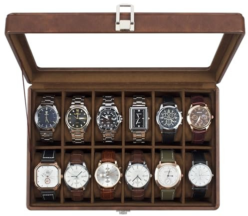 KILHS Watch Box with 12 Slots,Watch Storage Box with Glass Lid,Watch Case with Removable Watch Pillows,Metal Clasp,Gift Idea, Brown Synthetic Leather, Brown Lining
