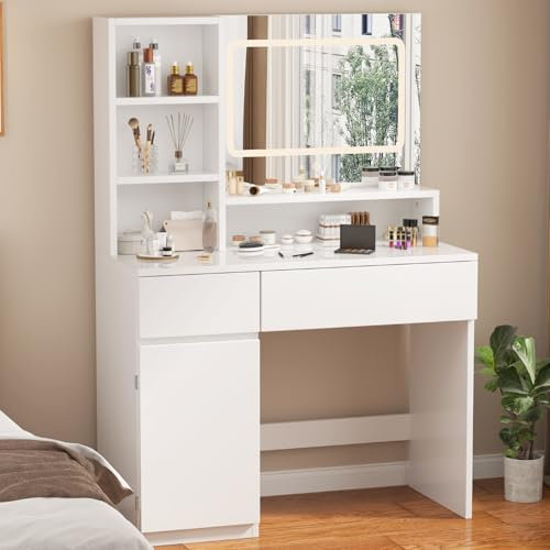 Devoko Schminktisch mit LED-Beleuchtung, 3 Farben, Einstellbare Helligkeit, Frisiertisch mit Spiegel, Kosmetiktisch mit 2 Schubladen, Ablageschrank, 90 x 40 cm, Weiß