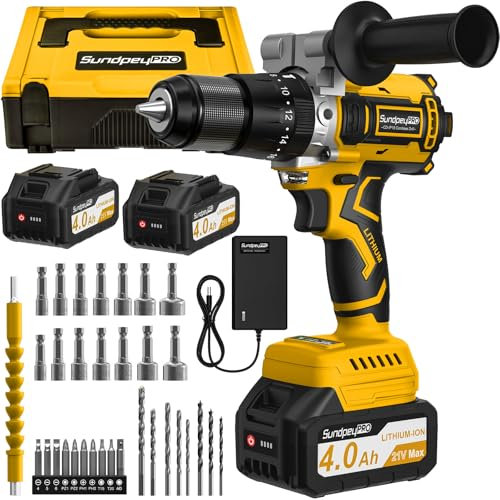 SundpeyPRO Taladro Percutor Bateria 21V - 120Nm Taladro Atornillador Batería Sin Escobillas con 2x4.0Ah Baterías, 20+3 Ajuste de Par Destornillador Inalámbrico Electrico, 13mm Portabrocas, 2 Velocidad