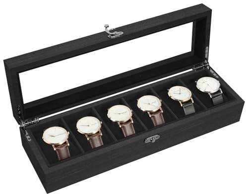 Uten Caja de Relojes con 6 Compartimentos, Caja para Reloje Madera, Tapa de Vidrio y Almohada Algodón Seda, Forro Negro, para Exhibición y Almacenamiento de Relojes Joyería, Regalo Ideal
