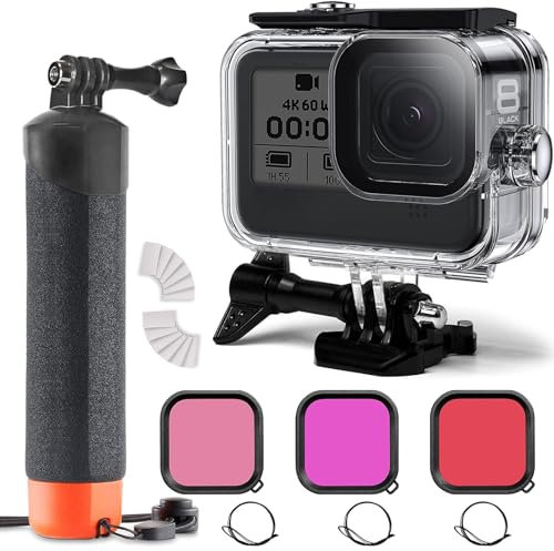 FitStill 60M/196FT Wasserdichtes Unterwassergehäuse mit 3 Tauchfiltern und Schwimmendem Griff, geeignet für Go Pro Hero 8 Black Zubehör Tauchset