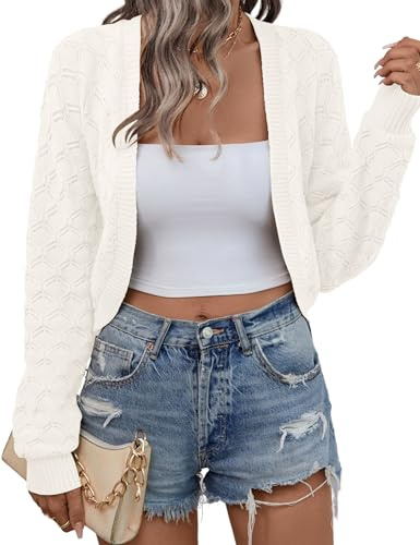 Kistore Womens Cardigan for Dresses Fall Winter Open Front Cropped Sweaters Casual Lightweight Long Sleeve Knit Jacket White L