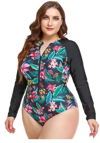 AHUFGN Våtdräkt Dam Plus Size Badkläder Dam Rashguard Surfing Dragkedja Tryck Långärmad Helbaddräkt Solskyddande Sport (XXXL)