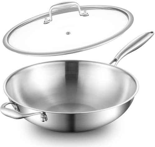 Nontoxicook Tri-Ply Stainless Steel Wok Pan, 28cm(11inch) Cooking Wok with Lid, with Side Ear, Wide & Deep Cookware Stir-Fry Pans, Oven Safe Up to 315℃, Works on Induction