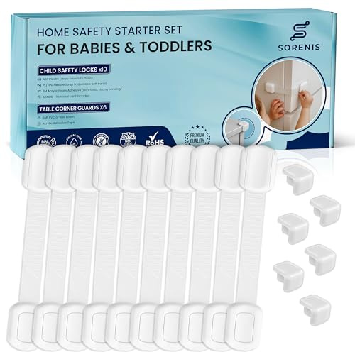 Sorenis Premium Baby Safety Bundle (16 Pack) – 10 Adjustable Child Safety Cabinet Locks for Cupboards, Drawers & Fridge + 6 Clear Corner Guards – Baby Proofing Kit with Strong Adhesive