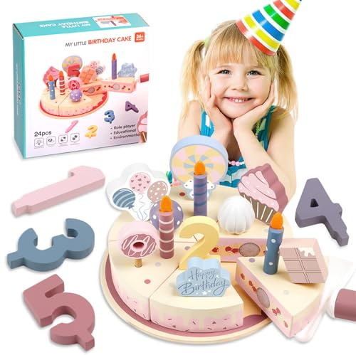 Farnirvana Juguete de Madera para Tarta de Cumpleaños, Comida Juguete Cocinita con Velas Extraíbles y Elementos Decorativos, con Velas Numeros para Cocinita Comida para 3 4 5 Años Niños Niñas
