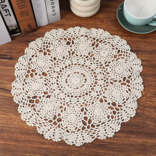 43cm Rund Häkeldeckchen Baumwolle Handarbeit, Spitzendeckchen Vintage Gehäkelt Deckchen Abwaschbar rutschfest für Tisch Vase Küche Esszimmer Hochzeit Party Dekoration