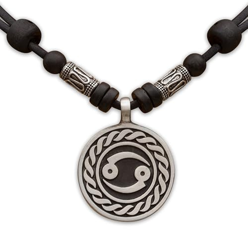 HANA LIMA 1 von 12 Sternzeichen Tierkreiszeichen an verstellbarer Lederkette mit Edelstahlperlen Horoskop Horoscope Halskette Surferkette D - KREBS (Cancer) / 22. Juni - 22. Juli