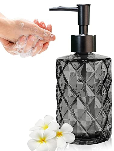 Glass Soap Dispenser with Plastic Pump, 330ml/11oz. Liquid Hand Soap Dispenser for Bathroom and Kitchen, Hand-Pump Dispenser for Dishwashing Liquid, Lotion, Soap, Shower Gel, Essential Oil (Black)