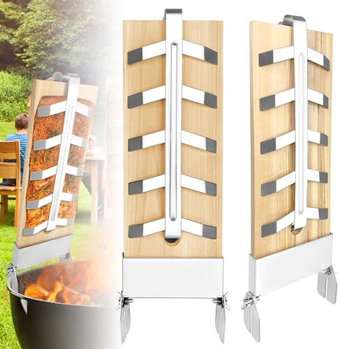YRHome Lot de 2 planches à saumon flammé avec support stable en acier inoxydable - 5 niveaux réglables - Pour brasero - Pour barbecue - Barbecue sphérique