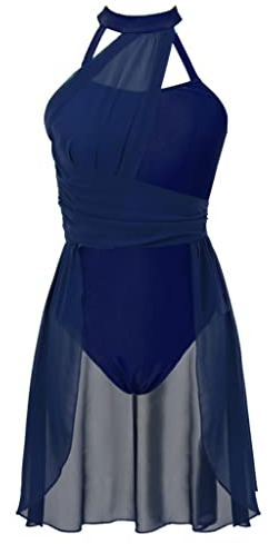 Jowowha Damen Ballettkleid Neckholder Eiskunstlauf Kleid Ballettanzug mit Asymmetrisch Rock Ballett Trikot Tanzbody Modern Lyrisch Tanzkleid Marine Blau S