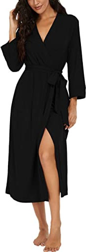 PrinStory Damen Bademantel Lang Leichter Frauen Morgenmantel V-Ausschnitt Kimono Robe Gestrickt Lässig Morgenrock (Schwarz, XL)
