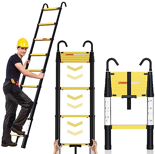 Lospitch Échelle télescopique en aluminium de 2,6 m avec fermeture amortie, rétractation à un bouton, antidérapante avec 2 crochets amovibles, multifonction, portable, capacité de charge de 150 kg