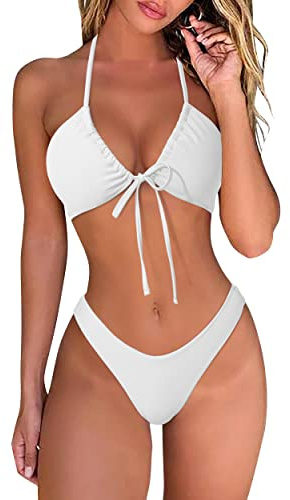 DOULAFASS Bikini sexy pour femme - Style brésilien - Taille basse - Triangle - 2 pièces, Blanc #1, M