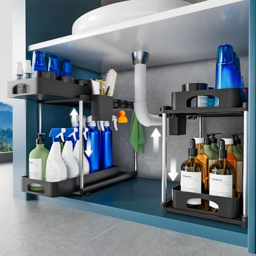 VERIFOST Pack de 2 Organiseurs de Rangement Sous Évier de Cuisine, Organiseur Sous Évier à 2 Niveaux avec Deux Tiroirs Coulissants, Organiseur de Rangement Sous Évier Réglable en Hauteur pour Cuisine