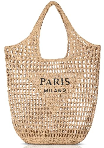 Pleneal Straw Beach Bags for Women - Women Beach Handmade Woven Tote Bag, Summer Mesh Hollow Shoulder Bag for Holiday Market
