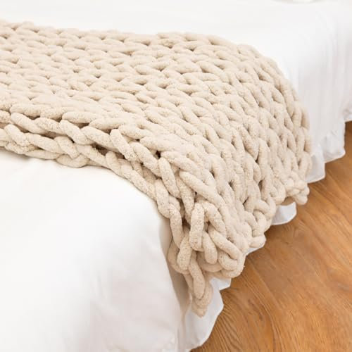 Dazzluxe Chunky Knit Blanket Throw, Soft Chenille Yarn Throw Blanket, Handmade Thick Cable Knit Crochet Blanket, Large Knit Chunky Throw Blanket for Couch Home Decor,Off White,60 * 60 cm
