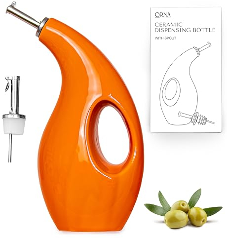 ORNA Ceramic Oil Dispenser Bottle with 2 Pourers – 700ml / 24 Oz Drizzle Bottle – Cruet Dispensing Bottle for Kitchen with Stainless Steel Spouts for Olive Oil, Vinegar, Syrup – Orange