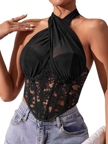 seiveini Top de Encaje para Mujer Sin Mangas Sexy Push Up Bustiers Corsés Mujer Slim Crop Tops Lace Up Vintage Camisole Mujer Sexy Tube Top Corset en Malla Clubwear A45 Negro S