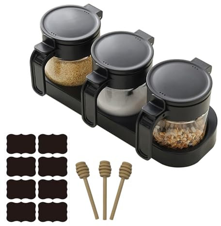 JIMMEAL Clear Glass Condiment Spice Jars With Label,Sealing Sugar And Salt Container Set,8.8oz Seasoning Box With Lids,Spoons,Tray And Honey Stick,Sugar Container For Coffee Bar, Black