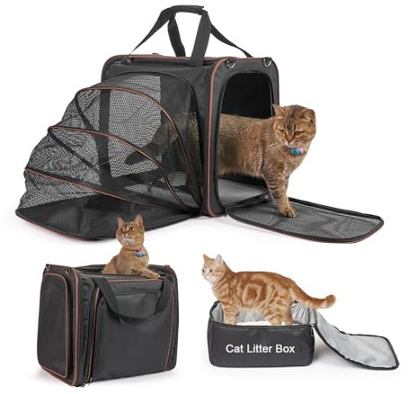 Cat Carrier with Litter Box, Expandable Cat Carrier with Litter Box for Car Travel, up to 20 lb to Road Trip, Camping, or Hotel, Black